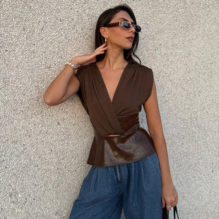 外贸2026低胸超模春夏新款个性街头时尚拼接法式深 V无袖皮革上衣