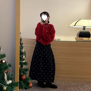 秋冬搭配一整套韩系圣诞新年穿搭红色针织毛衣上波点半身裙两件套