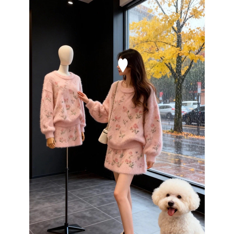 独特漂亮冬装一整套甜美花朵针织衫毛衣半身裙套装女2026新款好看