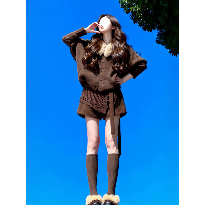 韩系复古棕色毛领针织毛衣外套女秋冬加厚慵懒风休闲宽松开衫上衣