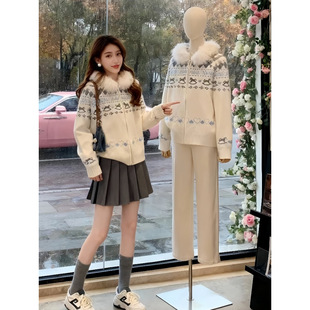 风大毛领针织开衫女2025年冬季新款百搭慵懒风软糯加厚毛衣外套女