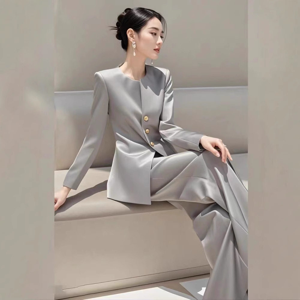 韩版时尚洋气秋冬一整套高级感通勤小香风灰色西装裤子职业套装