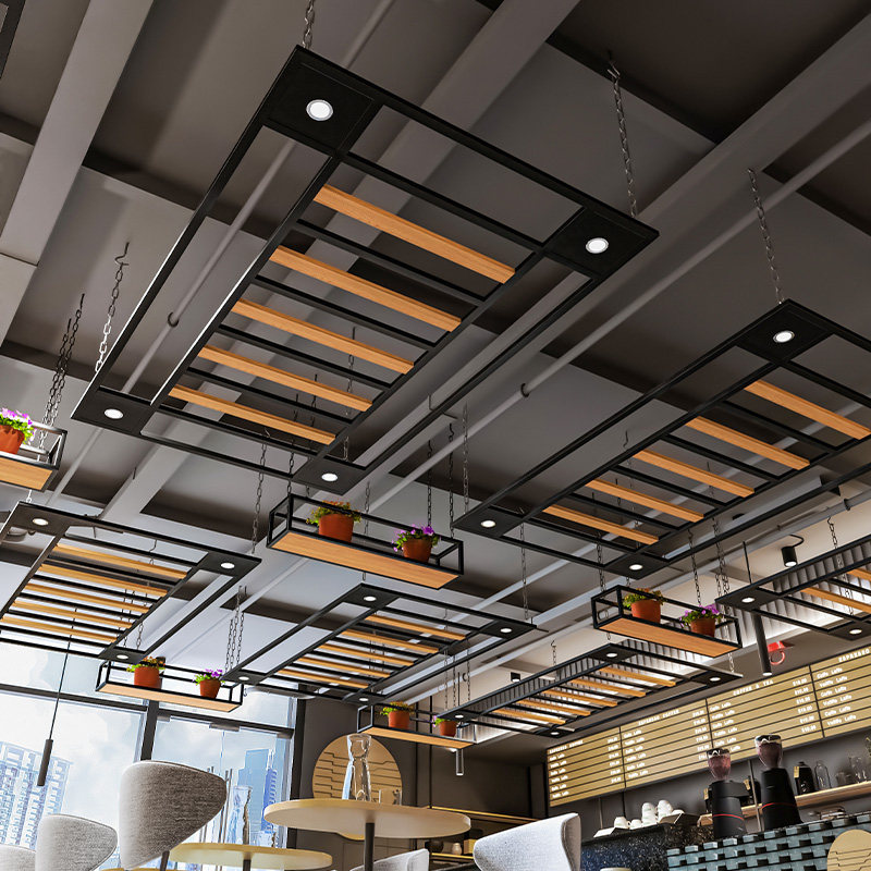 工业风理发店铁艺镂空装饰餐厅天花铁网顶上管道创意悬空吊顶定制