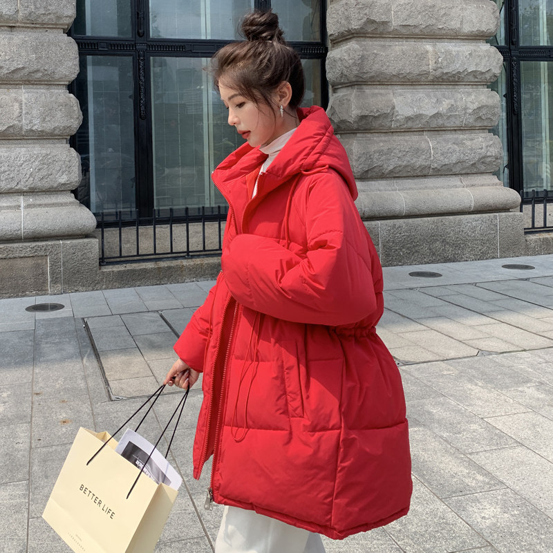 200斤胖mm冬装连帽棉衣棉袄外套300斤红色中长款宽松羽绒棉服加厚