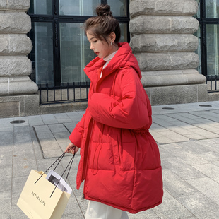 200斤胖mm冬装连帽棉衣棉袄外套300斤红色中长款宽松羽绒棉服加厚