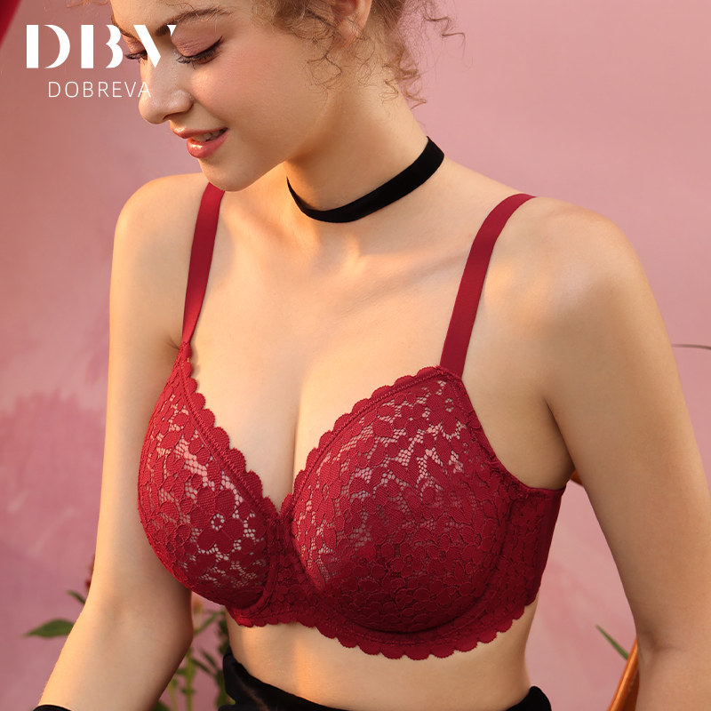 DBV本命年内衣套装红色兔年结婚新娘大胸显小女超薄款大码文胸夏
