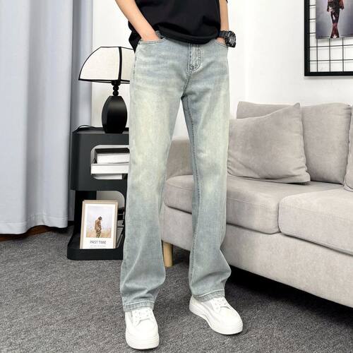 2026春夏新款宽松直筒美式高街弹力浅色美式牛仔裤男士休闲百搭