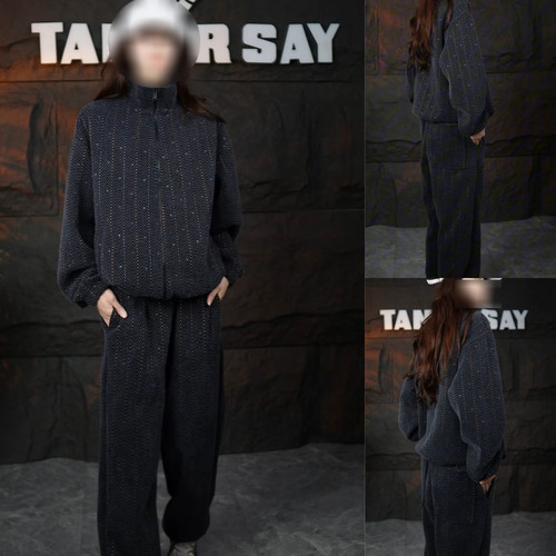 TANSIR SAY秋冬毛绒立领色织拉链开衫套装休闲百搭黑色