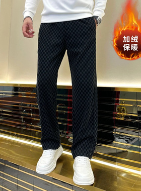 2025男装男士冬季高端潮流时尚百搭加厚加绒直筒格子休闲裤58218