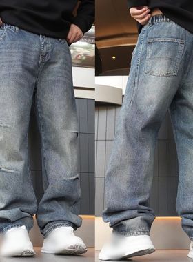 重工美式潮款牛仔裤重磅洗水弯刀阔腿牛仔裤26302