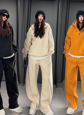 冬季双面绒套装男女同款百搭纯色半拉链连帽卫衣宽松休闲弯刀裤