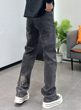 椰树刺绣直筒弹力牛仔裤男秋冬新款欧美高街潮牌美式宽松黑灰长裤
