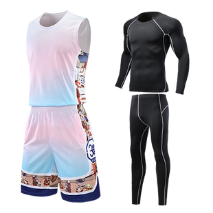 冬季篮球服套装男冬天打篮球穿的紧身衣四件套秋冬比赛队服定制粉