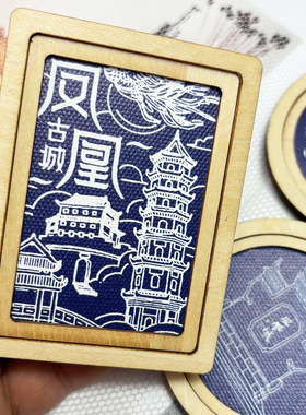 湘西凤凰古城蓝染风格木框冰箱贴湖南旅游纪念品冰箱贴DIY