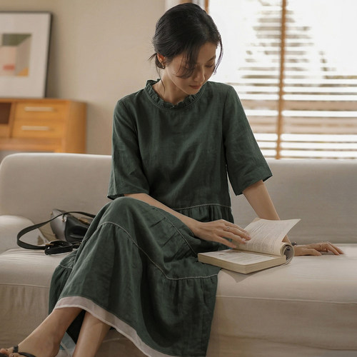 无谓复古文艺短袖连衣裙女2026夏新款木耳边宽松A版裙子显瘦