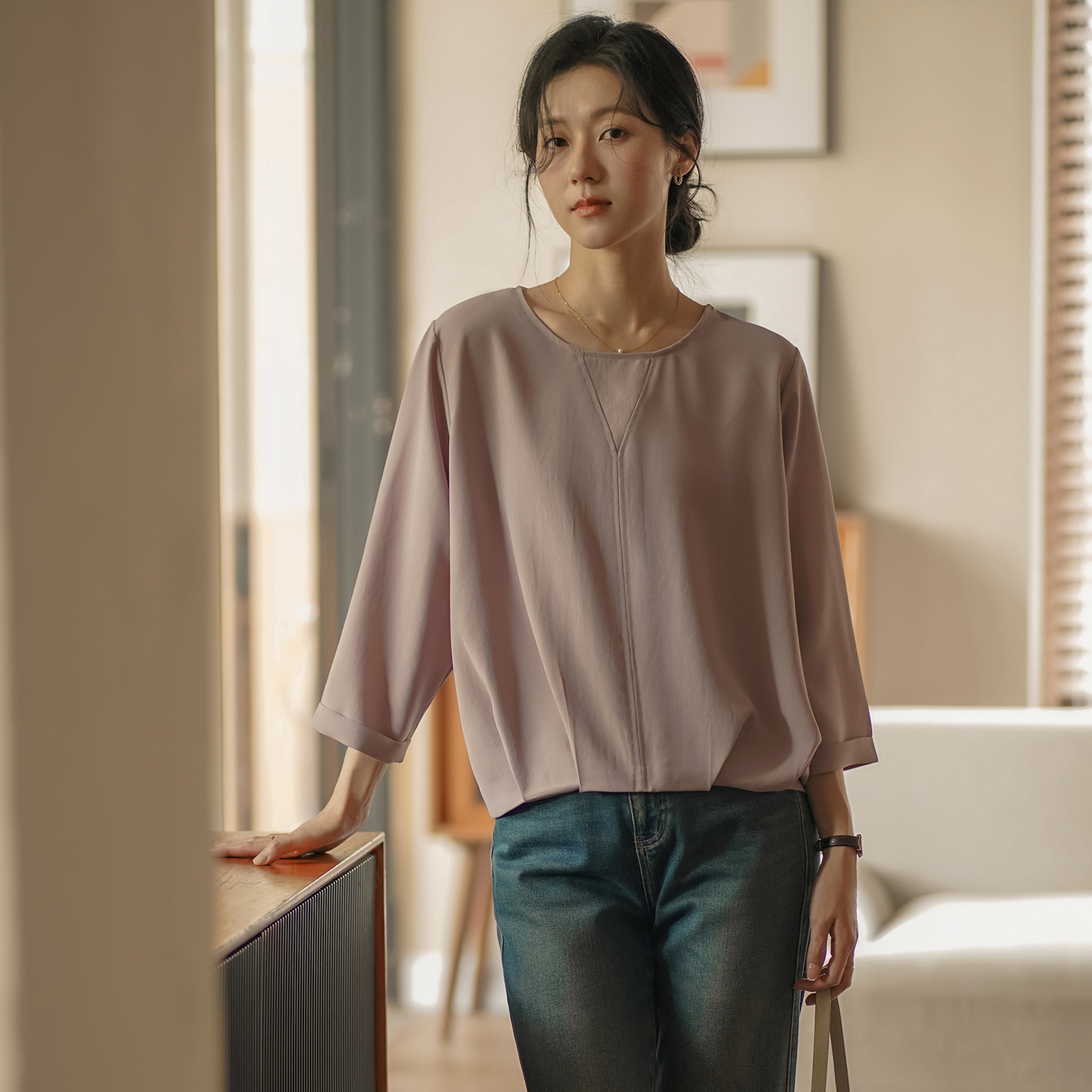 无谓韩式文艺2025秋季新款女装宽松花苞收褶七分袖圆领T恤女上衣