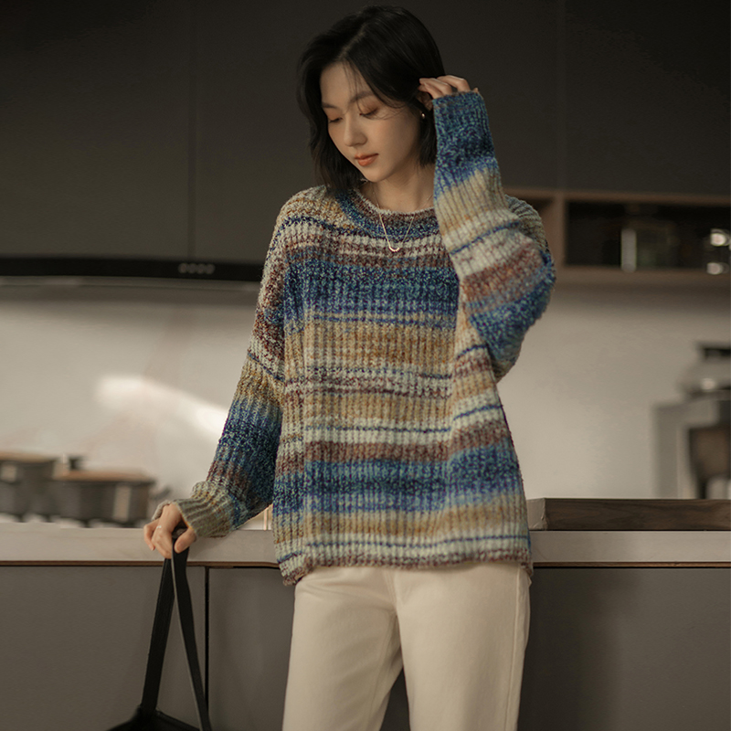 无谓2025秋季女装新款打底衫慵懒风针织衫上衣内搭彩条毛衣大码女