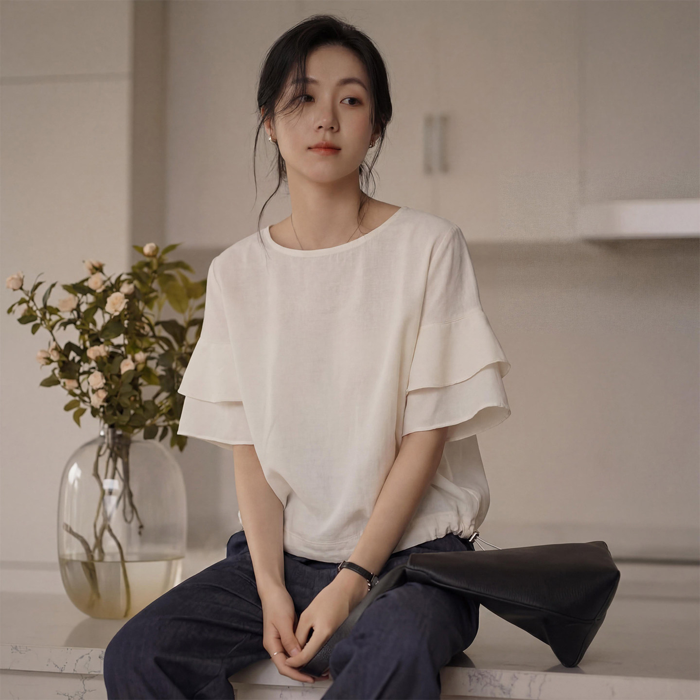 无谓2026夏季新款法式双层荷叶袖T恤宽松遮肉短袖抽绳收腰上衣女