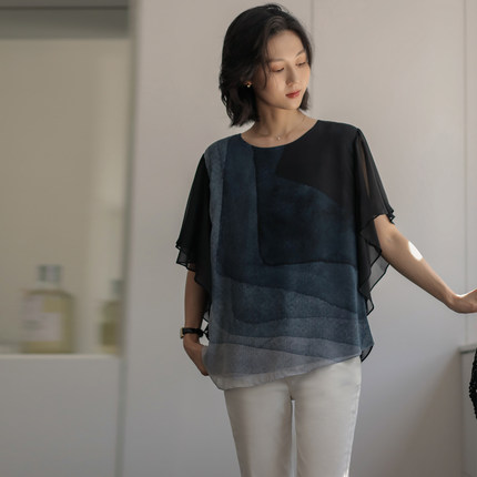 无谓新中式2026夏新款女装圆领不规则印花宽松遮肚子雪纺衫女上衣