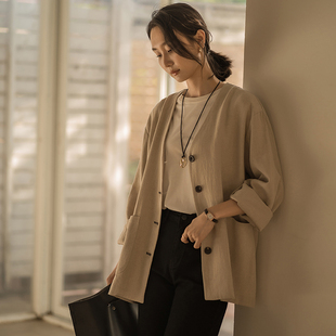 无谓韩式文艺2026春季新款女装宽松茧型单排扣长袖天丝亚麻外套女