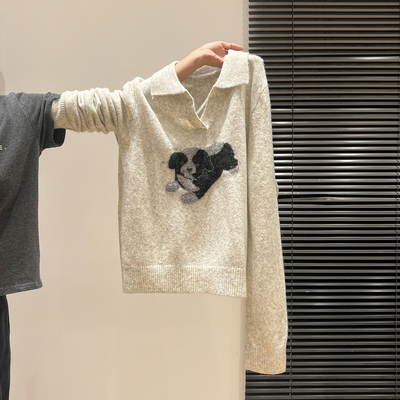 韩系灰色polo领长袖毛衣针织衫女2025秋冬新款宽松内搭打底衫上衣