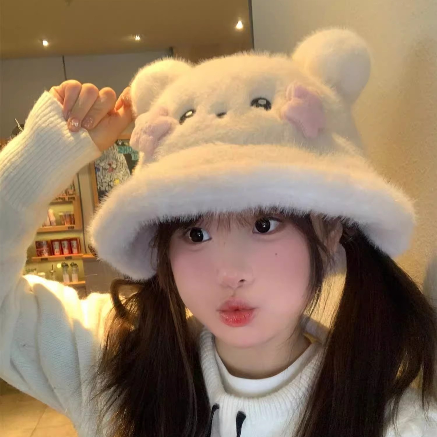 可爱毛绒小熊耳朵渔夫帽女秋冬保暖大头围盆帽甜美显脸小水桶帽子