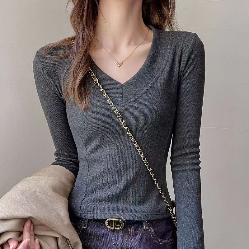 螺纹喇叭V领长袖德绒打底衫女秋冬季内搭磨毛加厚修身洋气T恤上衣