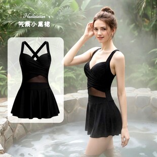 气质绝美泳衣女保守小胸聚拢遮肚显瘦钢托分体裙式 性感温泉游泳衣