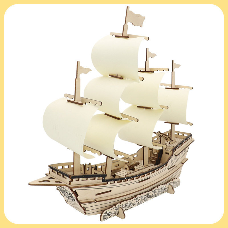 明朝商船 木质手工拼装制作仿真帆船模型儿童木制3D立体拼图玩具