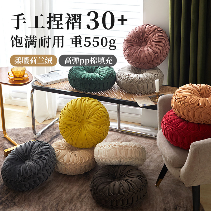 外贸爆款家用沙发靠枕圆形榻榻米靠垫手工捏褶南瓜抱枕轻奢风