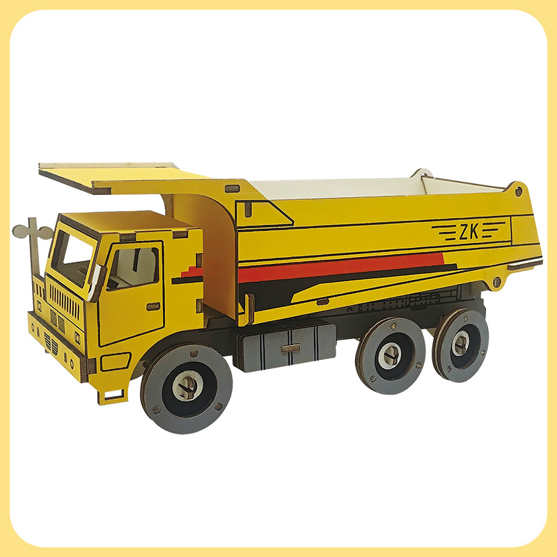 重型卡车木质手工拼装工程车模型木制3d立体拼图儿童玩具地摊