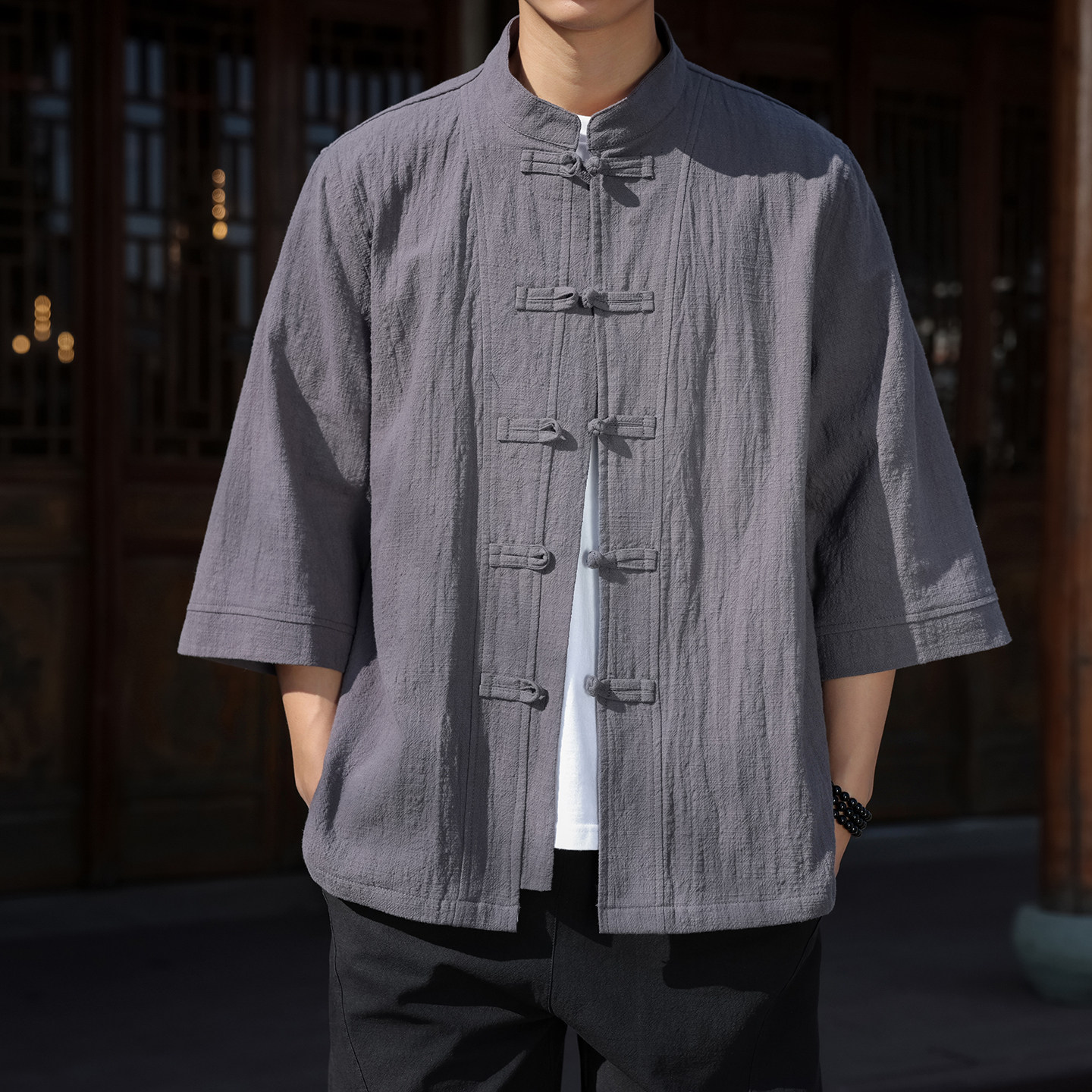 唐装男款中国风棉麻七分袖衬衫中老年男中式练功太极服禅服居士服