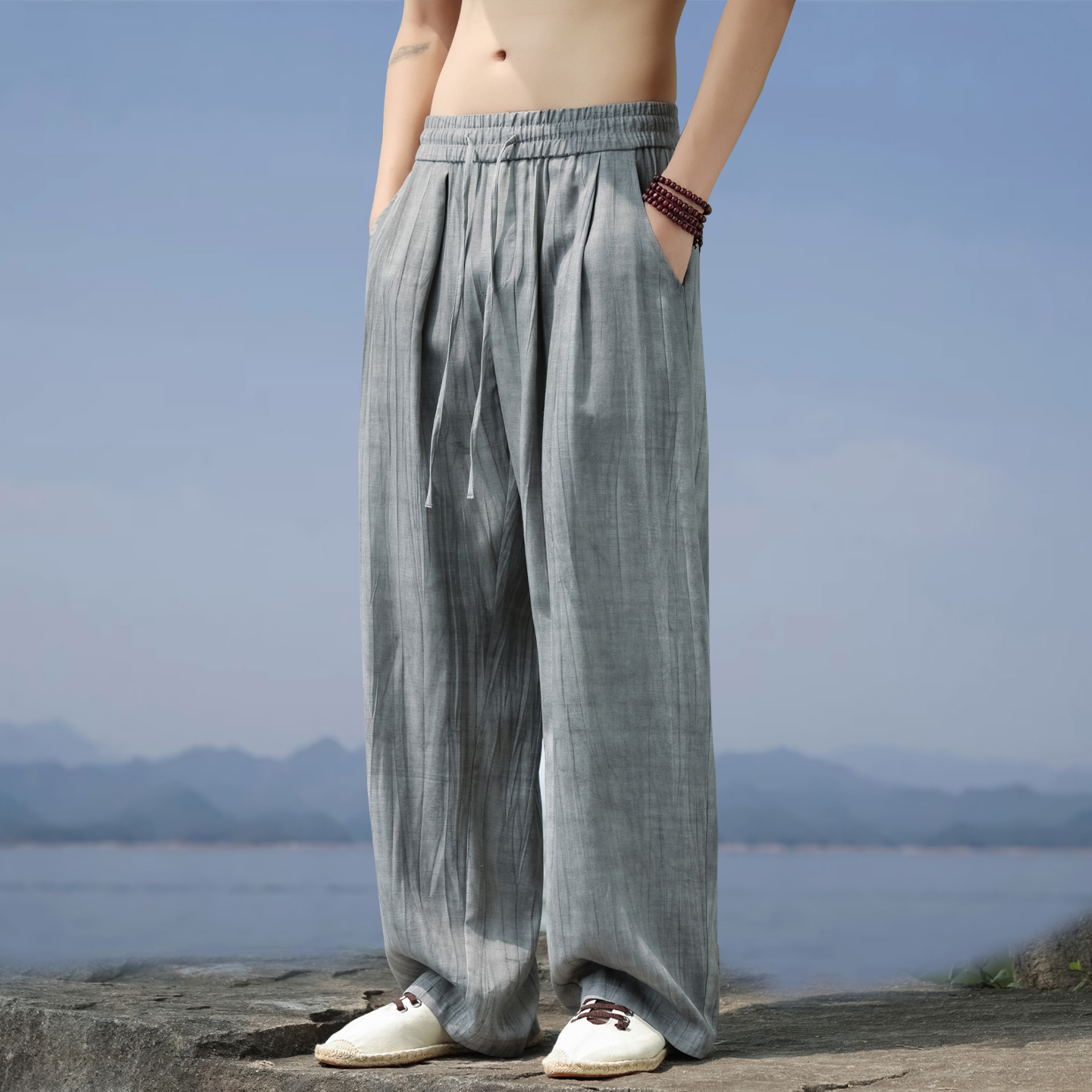 100%亚麻裤子男款中国风男装