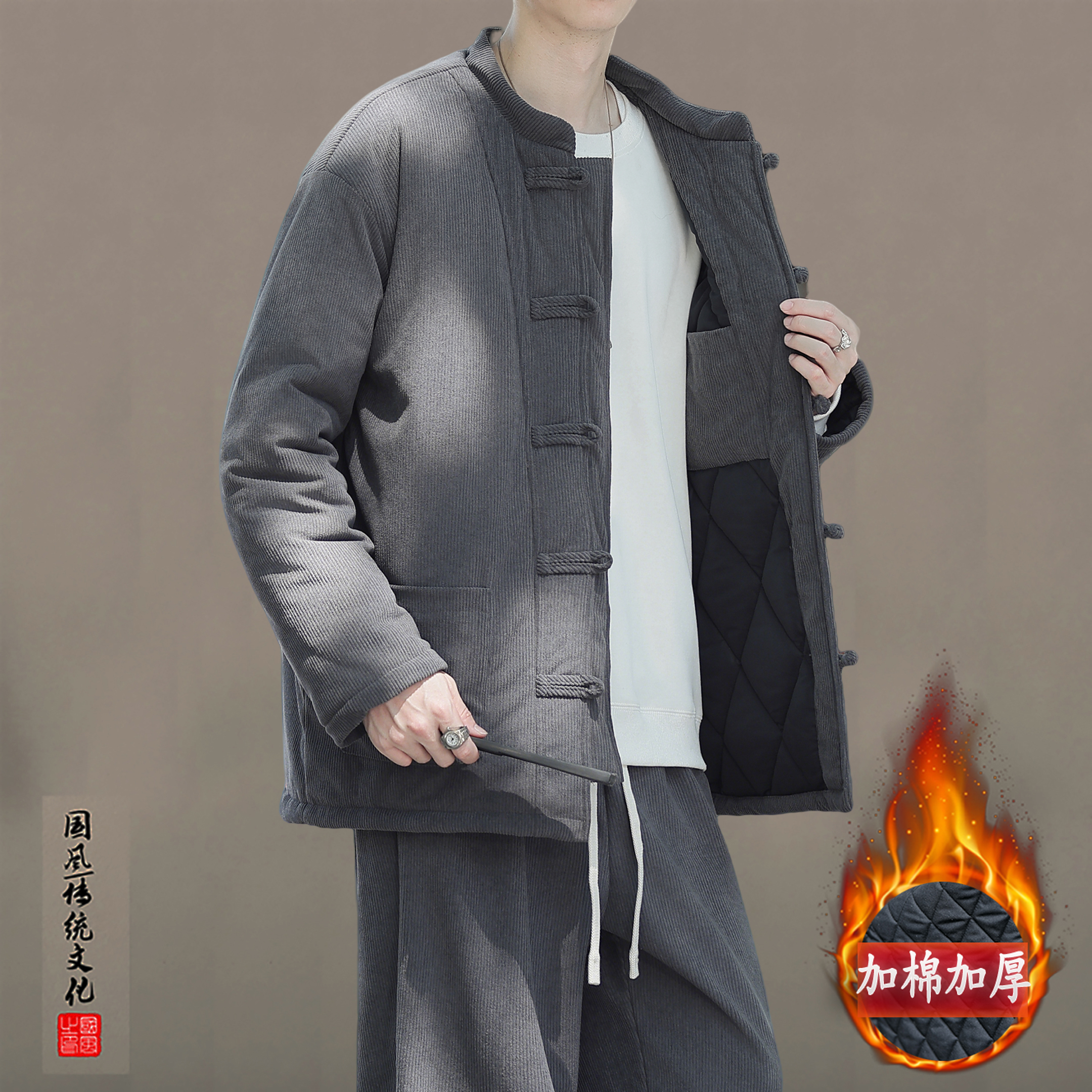 2025新款唐装男冬季棉衣套装复古灯芯绒宽松大码爸爸中山装两件套