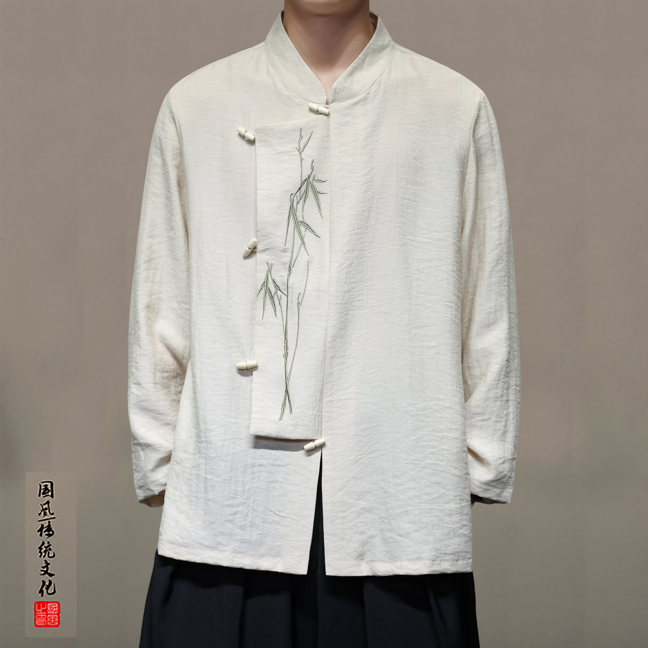 春季中国风长袖衬衫男新中式立领设计感唐装汉服衬衣复古刺绣外套