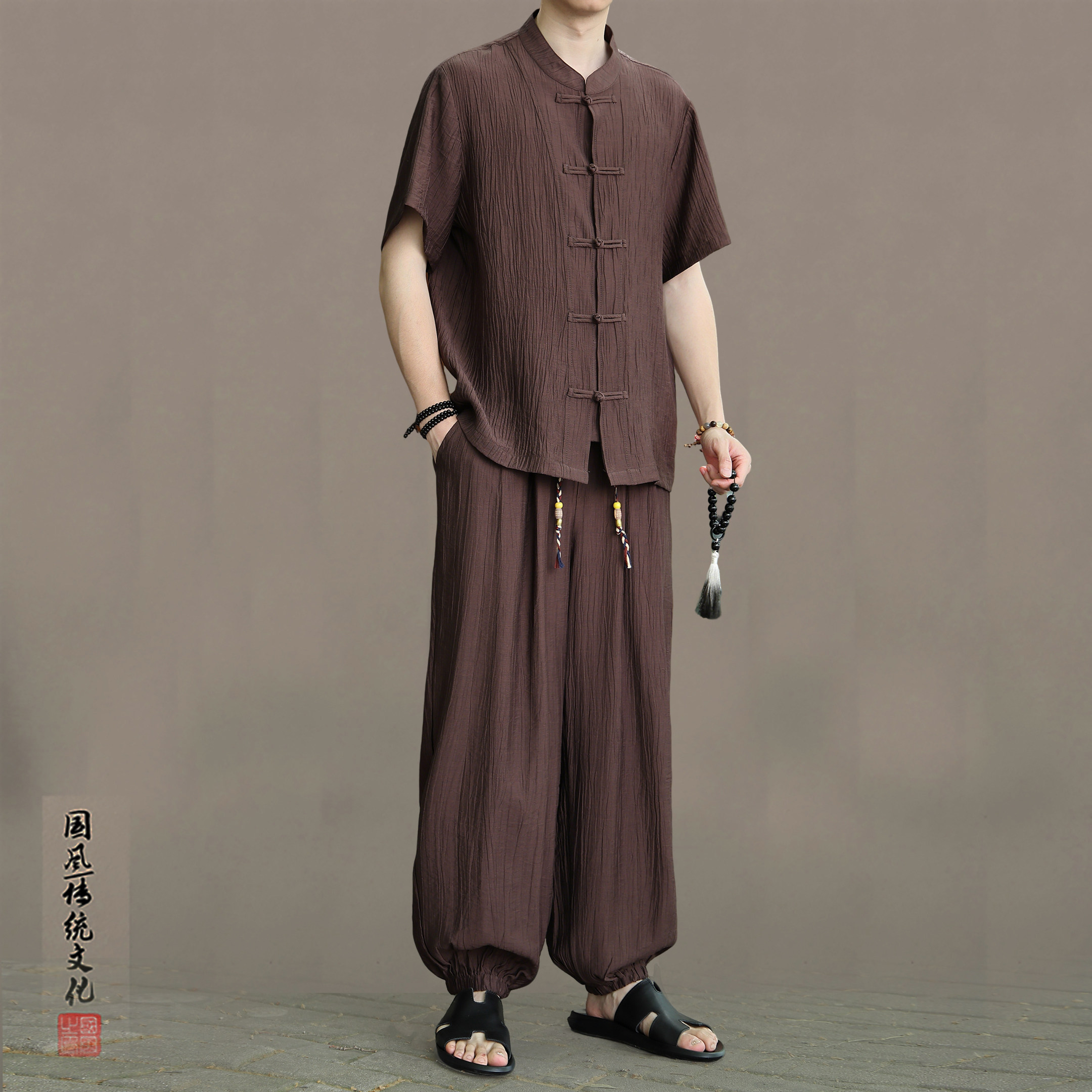 夏季薄款冰丝衬衫两件套新中式复古男装唐装短袖中老年夏装套装