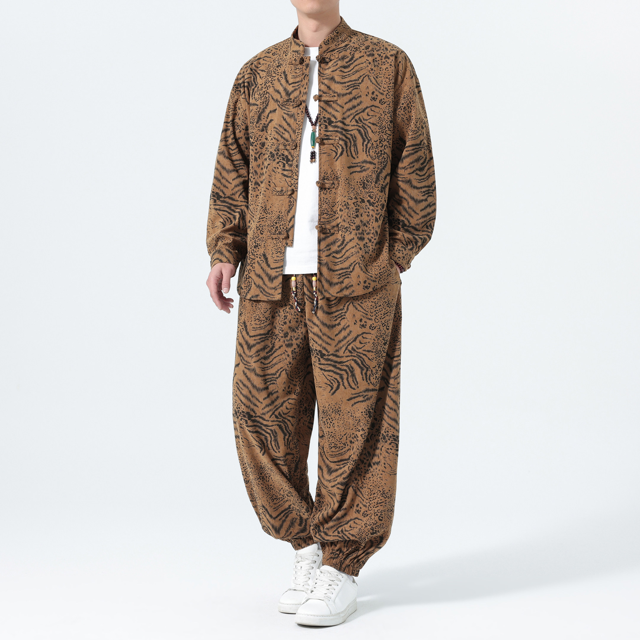 春季新款男士休闲运动套装复古中式唐装暗纹长袖衬衣中山装两件套