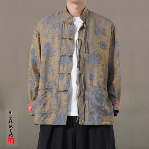 春夏薄款中国风男装衬衫新中式浮光锦缎提花长袖衬衣外套复古立领 - 封面