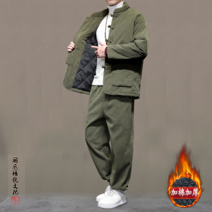 新中式中国风男装休闲套装复古唐装男款棉衣加棉加厚冬季棉服外套