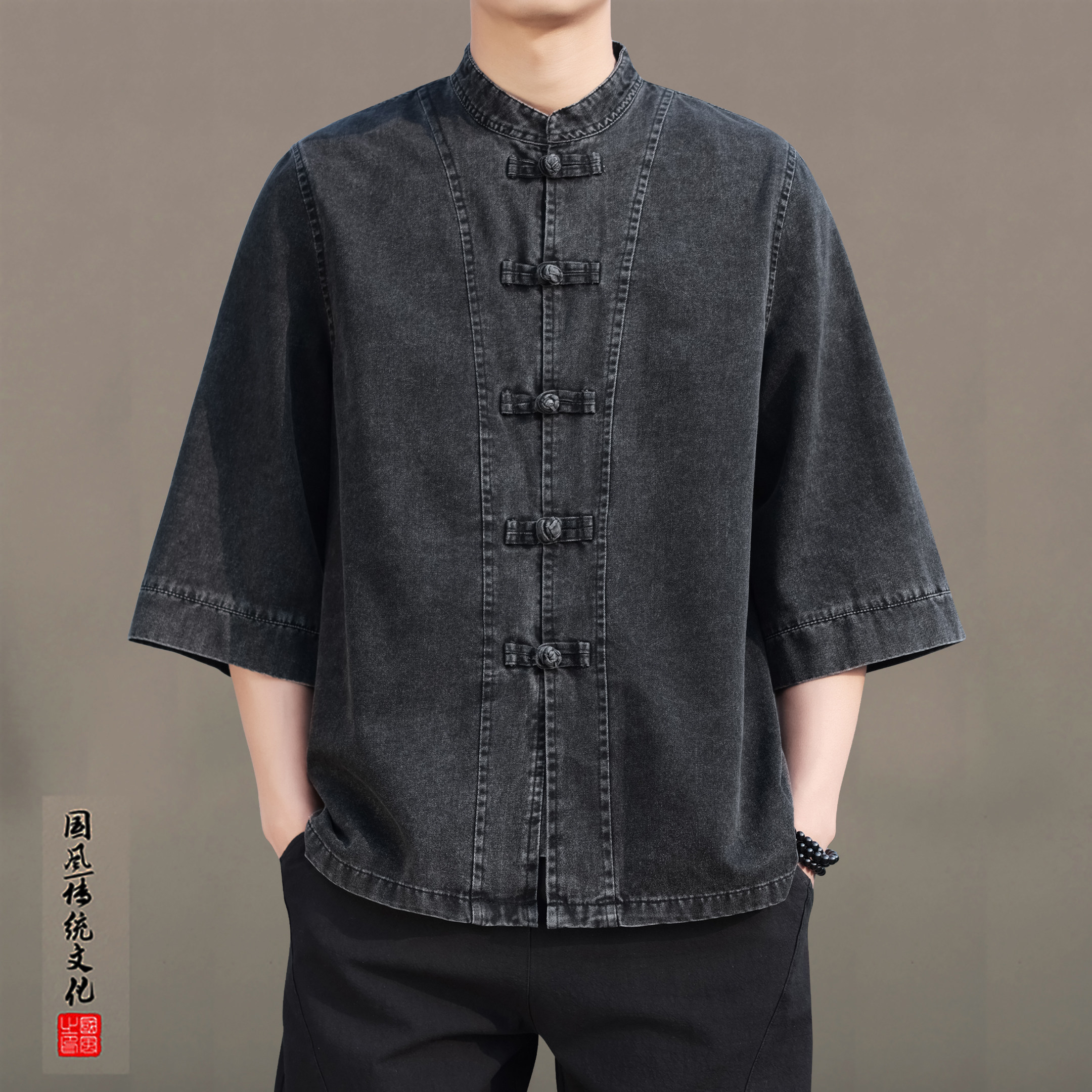 [有套装]新中式七分袖唐装衬衫男款复古盘扣大码牛仔衬衣茶服国风