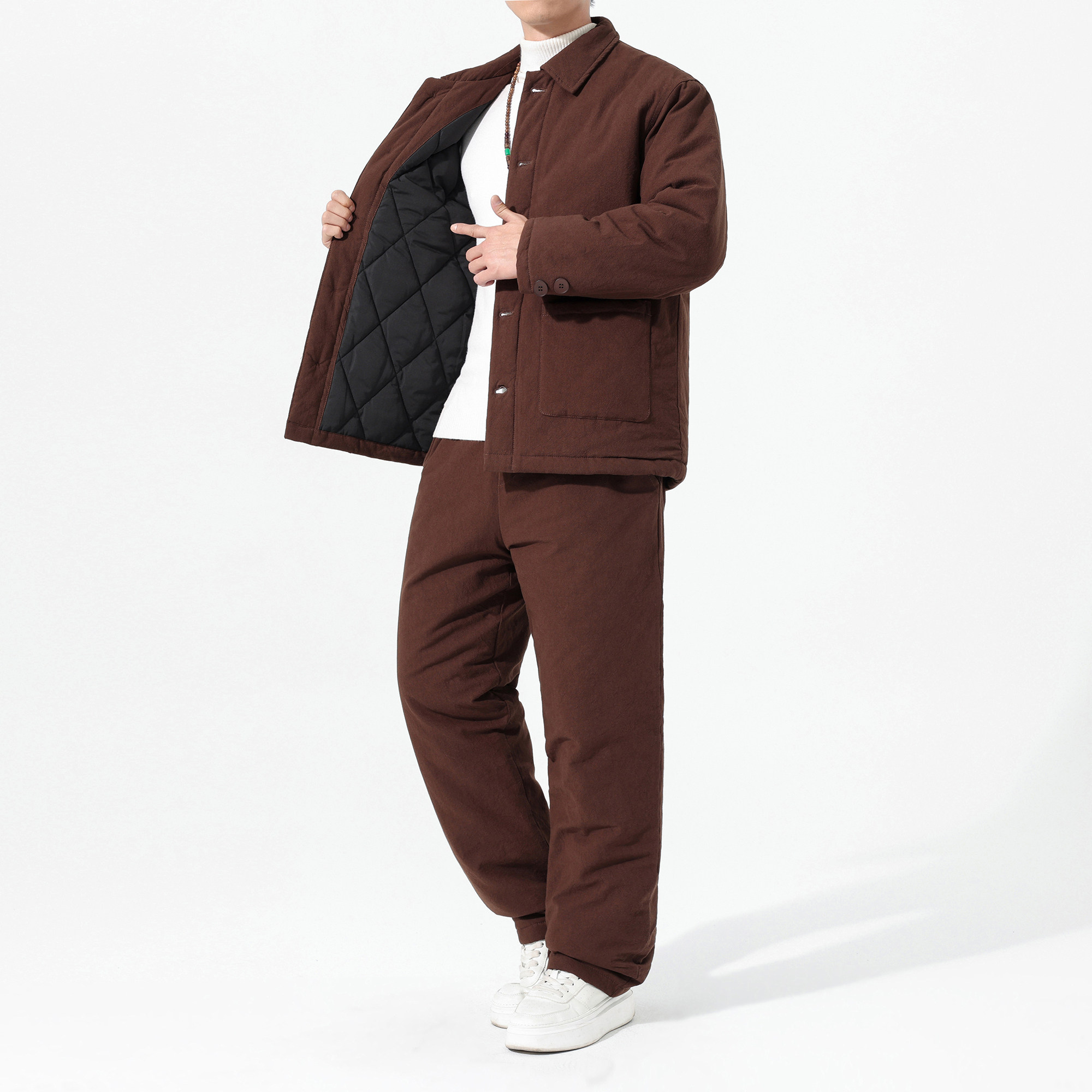 冬季加厚保暖男士休闲运动套装复古翻领中老年宽松大码棉服两件套