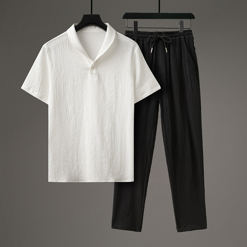 夏季冰丝套装男宽松翻领休闲运动青年潮牌亚麻短袖长裤两件套薄款,男装,时尚防晒服,淘宝优惠券,粉丝福利购,淘宝优惠卷