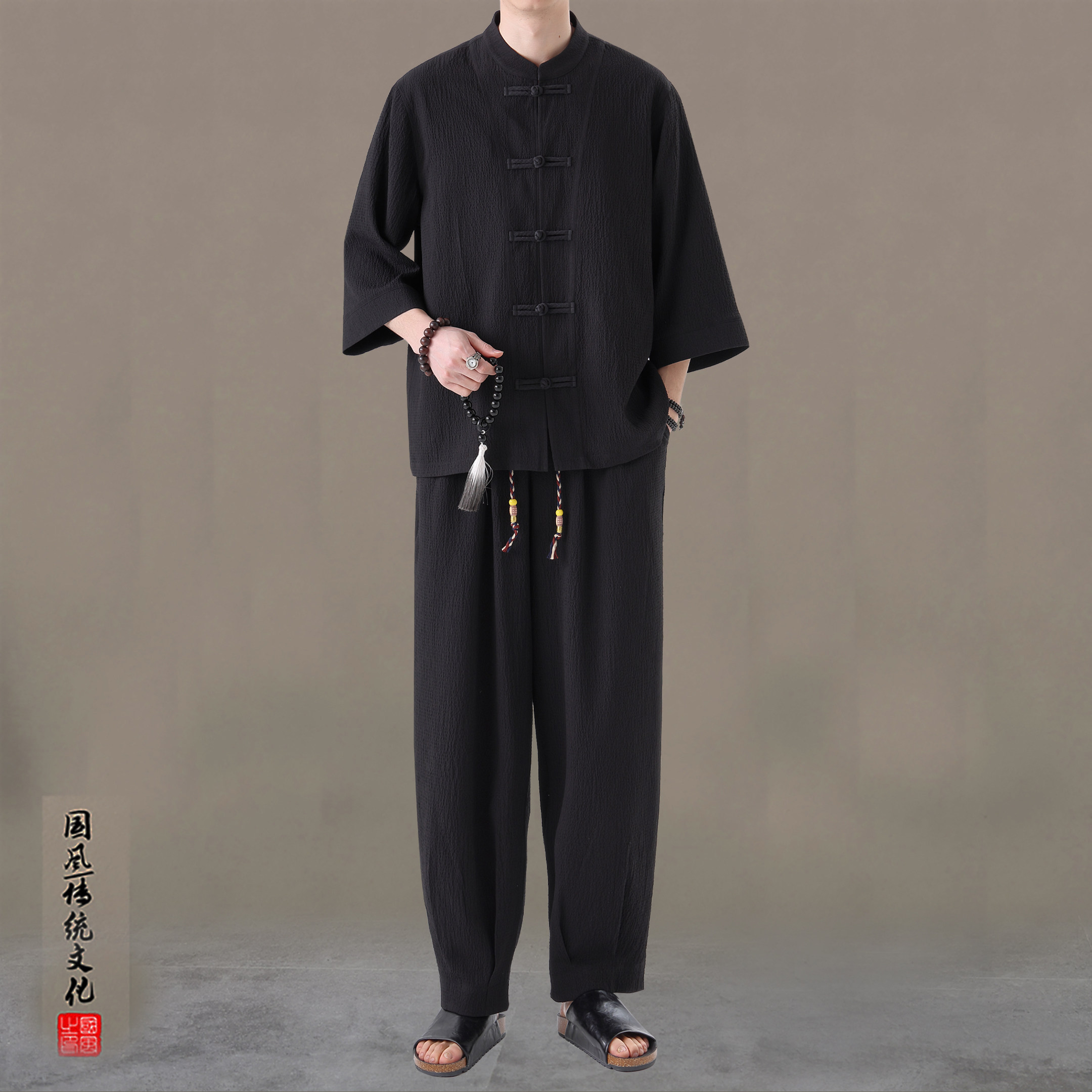 春夏薄款冰丝休闲运动套装男新中式立领透气七分袖套装宽松禅茶服