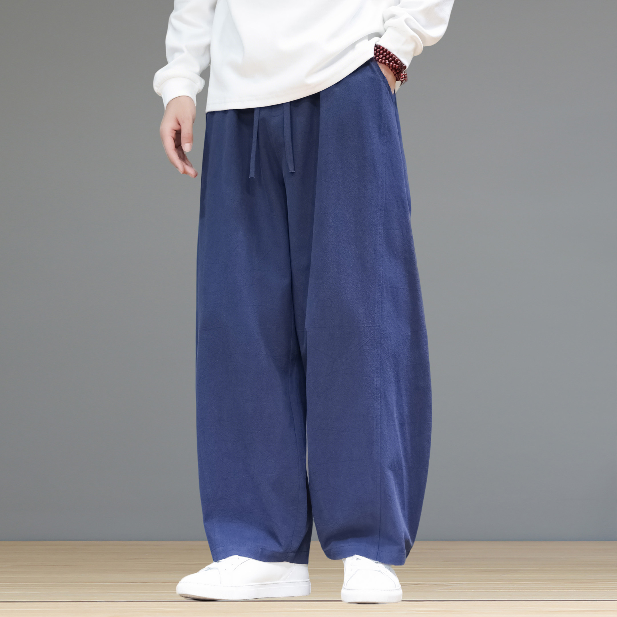 冬季棉麻休闲裤男大码加厚直筒弯刀裤运动打坐练功阔腿灯笼禅棉裤