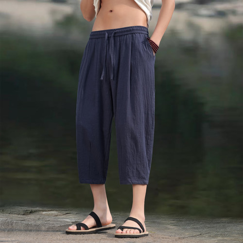 夏季新款亚麻七分裤子男款