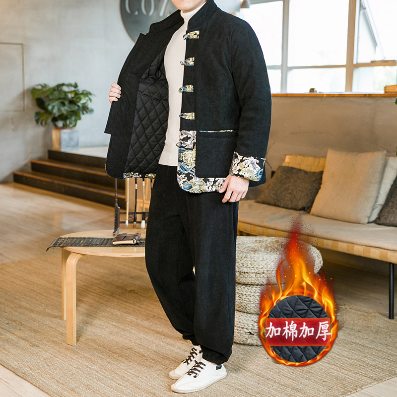 一套 中国风男装唐装套装灯芯绒棉衣加棉加厚棉袄 复古新中式棉服