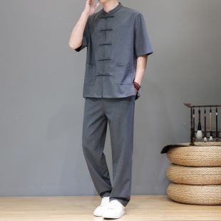 輕奢級(jí) 天絲亞麻唐裝 中國(guó)風(fēng)男裝 套裝 新中式 中山裝 復(fù)古風(fēng) 高端