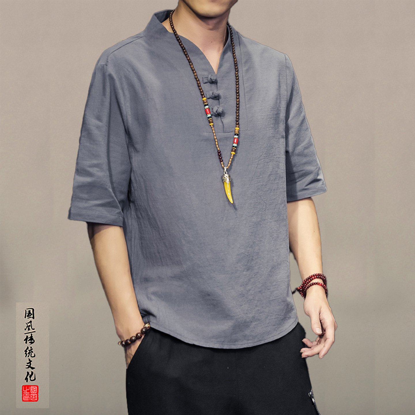 [有套装]亚麻T恤男夏季中国风新中式复古男装盘扣唐装男禅服茶服