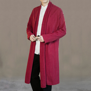中国风休闲汉服开衫 亚麻风衣外套男大码 加绒道袍居士服 中长款 冬季