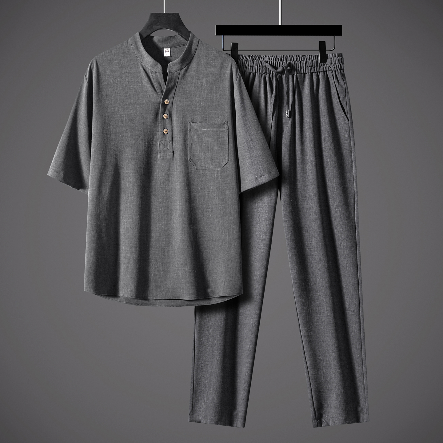 【輕奢級】高端品質(zhì)中國風(fēng)套裝兩件套天絲麻休閑服男款中年爸爸裝